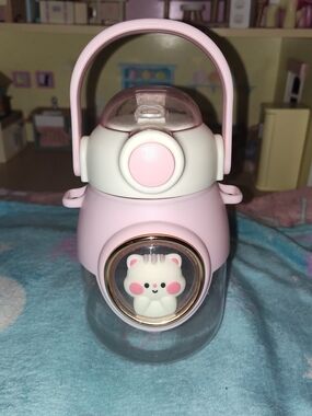 Cute Pink Kawaii Water Bottle with Bear Charm